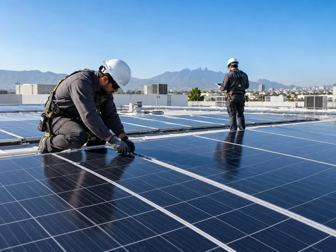 Vista ilustrativa de técnicos revisando un sistema solar