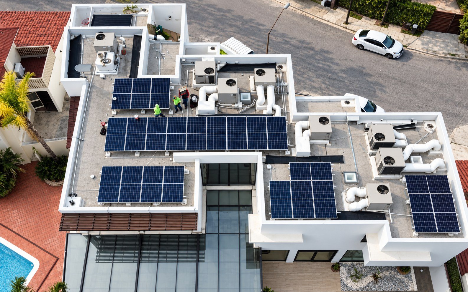 Recreación visual de una instalación solar residencial de Solardec, vista desde arriba