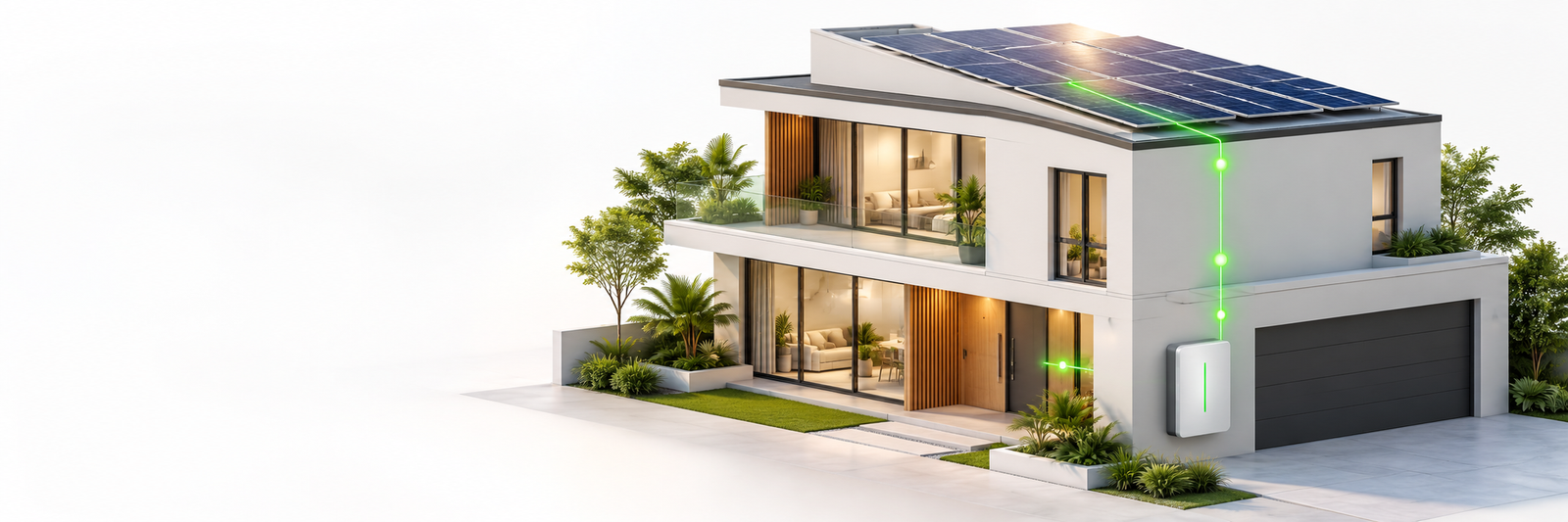 Ilustración conceptual de una casa con paneles solares en el techo y almacenamiento en baterías